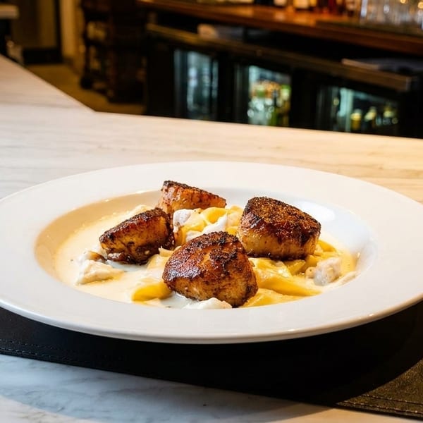 Seared scallops with pasta in a creamy sauce, served on a white plate at a bar.