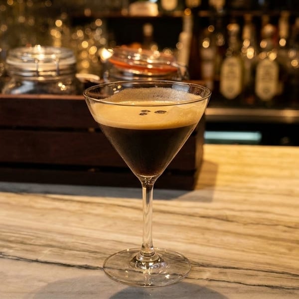 Espresso martini with coffee beans on top, on a marble bar with bottles in the background.
