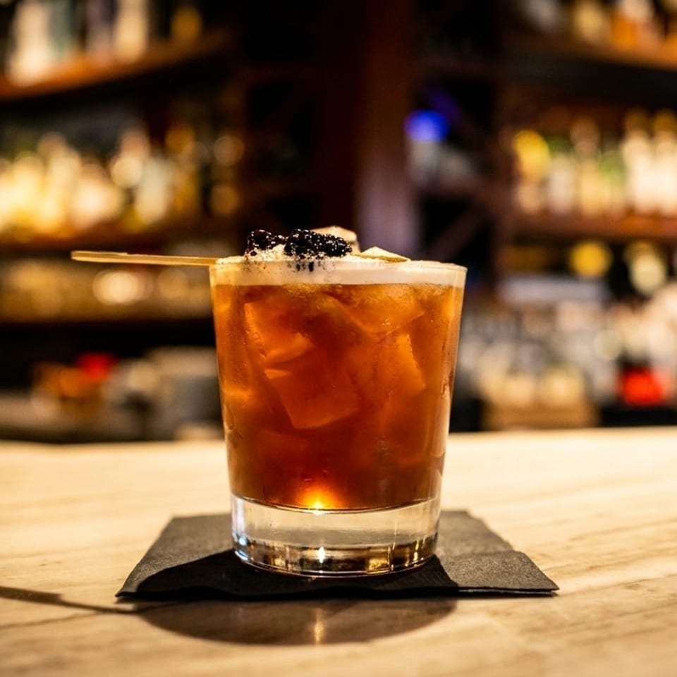 A dark cocktail with ice, topped with foam and blackberries, on a bar with blurred bottles.