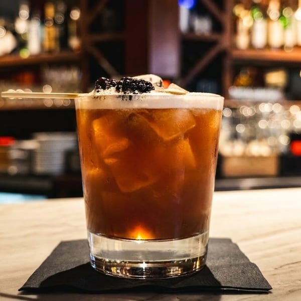 A dark cocktail with ice, foam, and blackberries sits on a bar with bottles in the background.