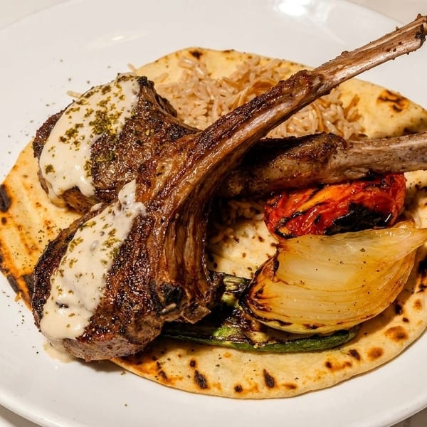Grilled lamb chops with sauce, rice, roasted vegetables, and flatbread on a white plate.