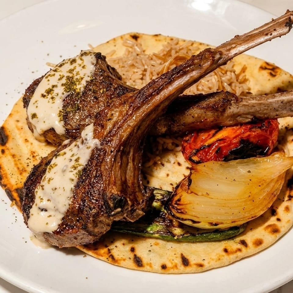 Grilled lamb chops with sauce, rice, roasted vegetables, and flatbread on a white plate.